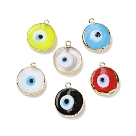 Handmade Lampwork Pendants, with Golden Plated Brass Findings, Cadmium Free & Lead Free, Flat Round with Evil Eye