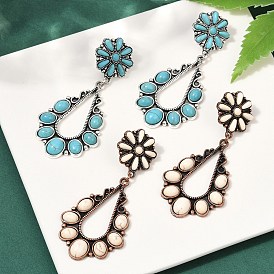 Серьги-гвоздики из сплава синтетической бирюзы, слеза и цветок