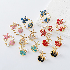 Ocean Theme 304 Stainless Steel Enamel Stud Earrings for Women, Starfish & Shell Shape, with Imitation Pearl