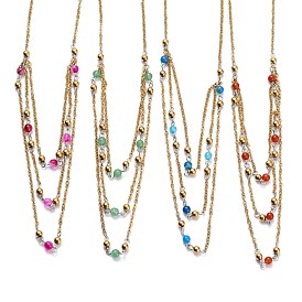 304 Stainless Steel 3 Layer Necklaces, with Cable Chains and Natural & Synthetic Gemstone Round Beads