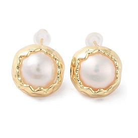 Natural Pearl Ear Studs, with Brass Findings and 925 Sterling Silver Pins
