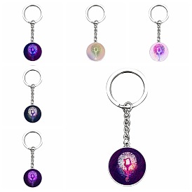 Yoga/Ohm/Aum Theme Glass Half Round/Dome Pendant Keychain, with Alloy Findings, for Car Bag Pendant Accessories