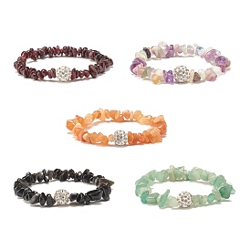 Natural Mixed Stone Chip Beads Stretch Bracelet with Rhinestone for Women