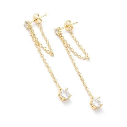 Brass Micro Pave Clear Cubic Zirconia Cable Chain Tassel Earrings, Long-Lasting Plated