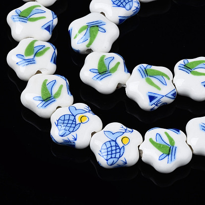 Handmade Porcelain Ceramic Beads Strands, Flower Printed, Flower