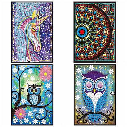 Unicorn/Flower/Owl Pattern DIY Diamond Painting Notebook Kits, Including Resin Rhinestones Bag, Diamond Sticky Pen, Tray Plate and Glue Clay