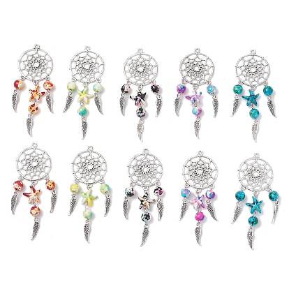 Тканая сетка / паутина с подвесками из перьевого сплава, с подвесками из синтетических бирюзовых бусин