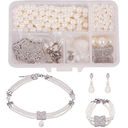 DIY Wedding  Bride Jewelry Set, with Glass Pearl Beads, Brass Cubic Zirconia Pendants, Alloy Rhinestone Bar Spacers and Brass Bead Tips Knot Covers