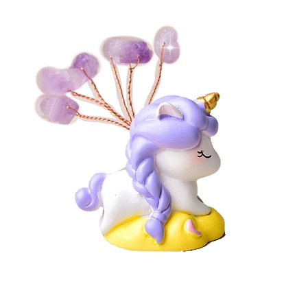 Décorations d'arbre en copeaux d'améthyste naturelle, Base de licorne en résine, fil de cuivre, pierre d'énergie feng shui, cadeau pour la décoration de la maison et du bureau