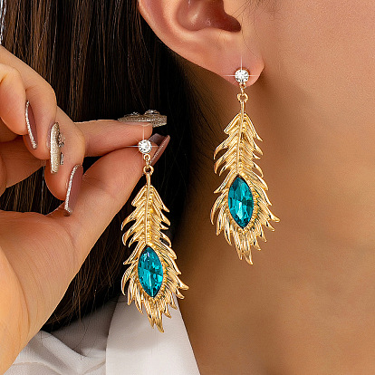 Alloy Rhinestone Stud Dangle Earrings for Women, Feather