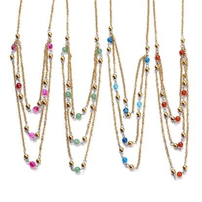 304 нержавеющая сталь 3 многослойные ожерелья, с тросовыми цепями и круглыми бусинами из натуральных и синтетических драгоценных камней