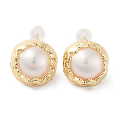 Natural Pearl Ear Studs, with Brass Findings and 925 Sterling Silver Pins