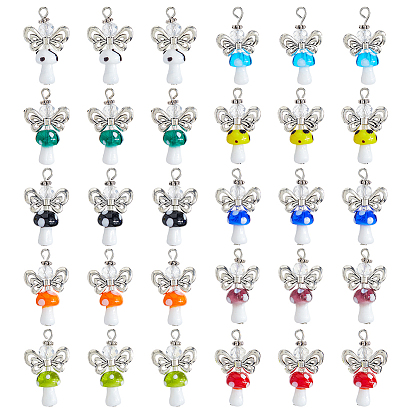 30шт. бусины ручной работы в технике лэмпворк со стеклянными бусинами-подвесками, гриб и ангел, с фурнитурой из сплава в тибетском стиле и железными штифтами с плоскими головками