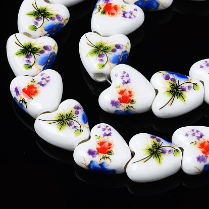 Handmade Porcelain Ceramic Beads Strands, Flower Printed, Heart