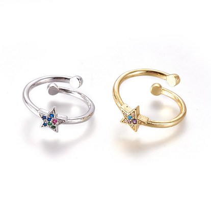 Adjustable Brass Micro Pave Cubic Zirconia Finger Rings, Star