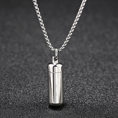 316L Stainless Steel Pill Shape Urn Ashes Pendant Necklace with Box Chains, Memorial Jewelry for Men Women
