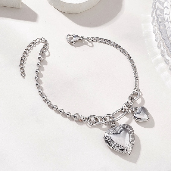 316 браслеты с подвесками-медальонами из нержавеющей стали, 304 Браслеты из нержавеющей стали с панцирными и шариковыми цепями для женщин, сердце