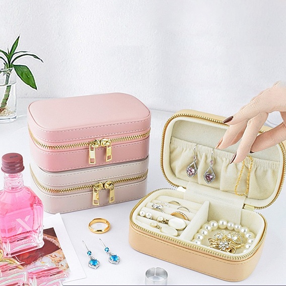 Rectangle PU Leather with Lint Jewelry Storage Zipper Box, Travel Portable Jewelry Case, for Necklaces, Rings, Earrings and Pendants