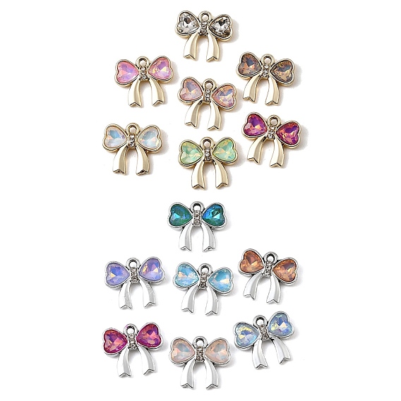 Pendentifs en verre d'alliage de placage uv, breloque nœud papillon en forme de cœur, avec strass, facette, couleur mixte