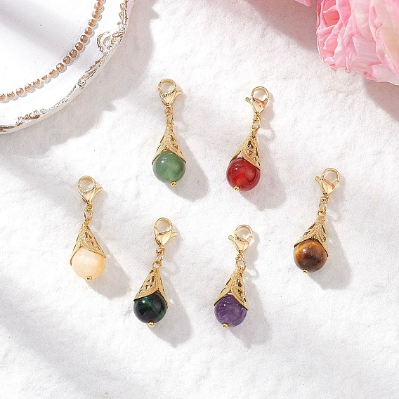 6 шт. 6 стили подвеска-капля из натурального зеленого авантюрина, желтого нефрита, зеленого тигрового глаза, сердолика, аметиста и тигрового глаза, с карабин-лобстерами 