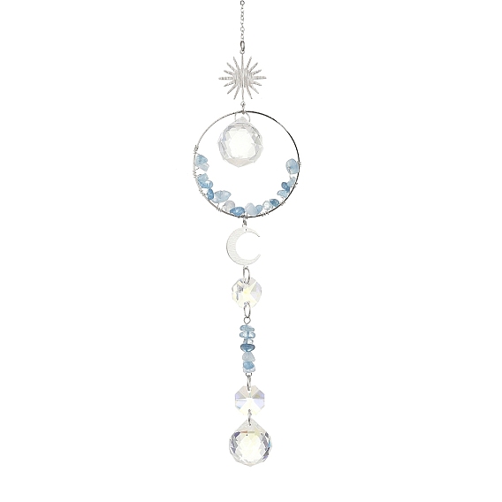 Glass Beads & Natural Gemstone Chip Beads & Brass Hanging Suncatchers, Sun & Moon, for Garden Window Ornaments