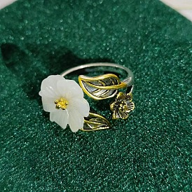 Retro Zinc Alloy Cuff Rings, Flower, with Imitation Hetian Jade