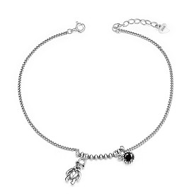 SHEGRACE 925 Sterling Silver Link Anklets, with Enamel, Curb Chains and Spring Clasps, Bear