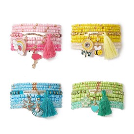 8Pcs 8 Styles Glass Seed Beaded Stretch Bracelets Set, Alloy Enamel & Cotton Tassel Charms Stackable Bracelets for Women