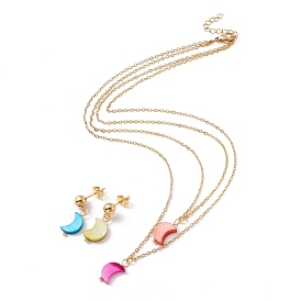 Synthetic Shell Moon Pendant Double Layer Necklaces and Dangle Stud Earrings, Gold Plated 304 Stainless Steel Jewelry Sets for Women, Ion Plating(IP)