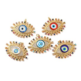 Rack Plating Brass Micro Pave Cubic Zirconia Pendants, with Glass, with Jump Ring, Long-Lasting Plated, Evil Eye, Real 18K Gold Plated