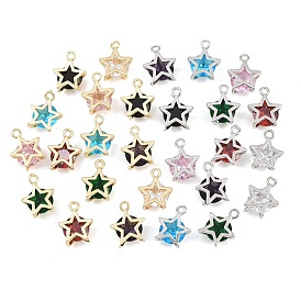Brass Glass Pendants, Star Charms, Faceted, Mixed Color