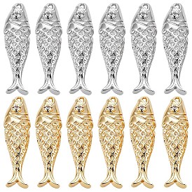 12Pcs 2 Colors Brass Micro Pave Cubic Zirconia Pendants, Fish Charms