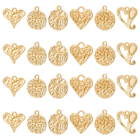 24Pcs 6 Style Alloy Pendants, Matte Style, Cadmium Free & Nickel Free & Lead Free, Real 14K Gold Plated, Mixed Shapes