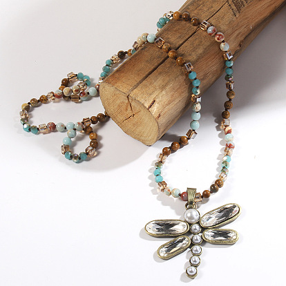 Сплав имитация жемчуга стрекоза кулон стеклянные и драгоценные камни круглые бусины ожерелья для женщин