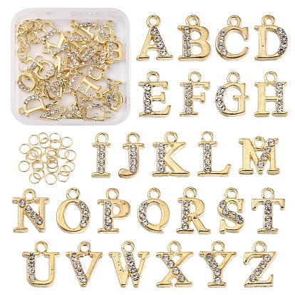 26Pcs 26 Style Alloy Rhinestone Cabochons, Nail Art Decoration Accessories, with Jump Ring, Letter