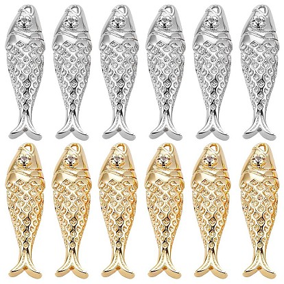 12Pcs 2 Colors Brass Micro Pave Cubic Zirconia Pendants, Fish Charms