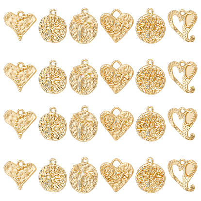 24Pcs 6 Style Alloy Pendants, Matte Style, Cadmium Free & Nickel Free & Lead Free, Real 14K Gold Plated, Mixed Shapes