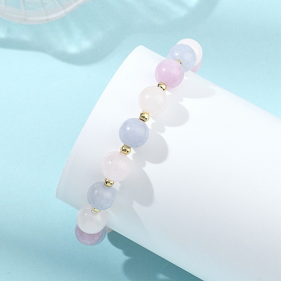 Женские браслеты из натуральных бусин аквамарина, розового кварца и аметиста, круглые, с латунной бисера