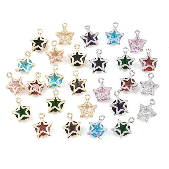 Brass Glass Pendants, Star Charms, Faceted, Mixed Color