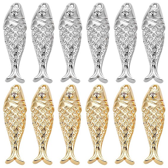 12 pcs 2 couleurs pendentifs en laiton micro pavé zircone cubique, charmes de poissons