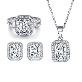 925 Sterling Silver Zircon Square Ring Pendant Earrings Necklace Set for Women