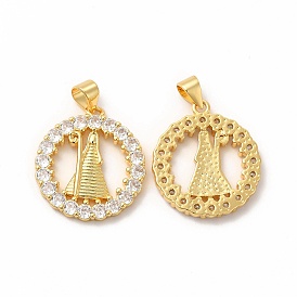 Rack Plating Brass Micro Pave Cubic Zirconia Pendants, Long-Lasting Plated, Cadmium Free & Lead Free, Flat Round with Human Charm