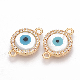 Brass Micro Pave Cubic Zirconia Links/Connectors, with Shell, Flat Round with Evil Eye, Nickel Free