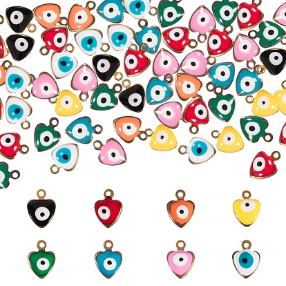 Golden Tone Brass Enamel Charms, Enamelled Sequins, Heart with Evil Eyes