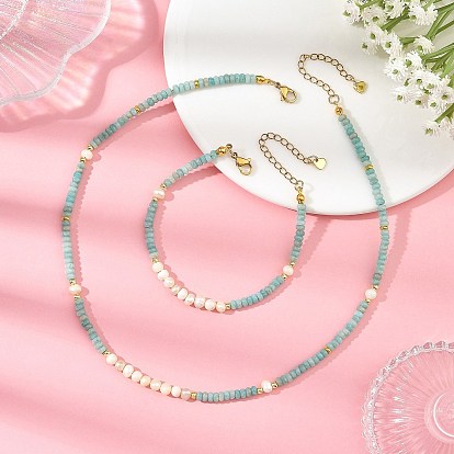 Natural Amazonite & Natural Cultured Freshwater Pearl Bead Bracelets & Necklaces Sets
