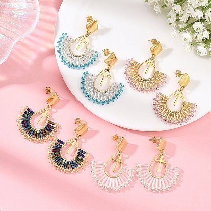 304 Stainless Steel with Glass Seed Beads Hoop Dangle Earrings, Teardrop with Cross, Golden