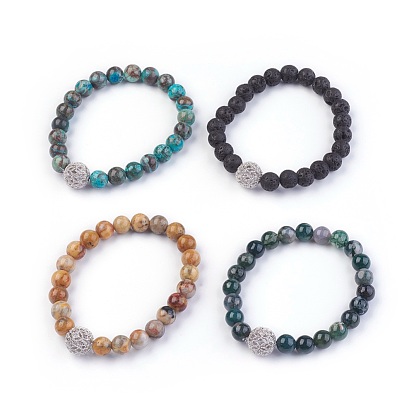 Bracelets élastiques de pierres précieuses naturelles, en laiton cubique billes de zircone, ronde