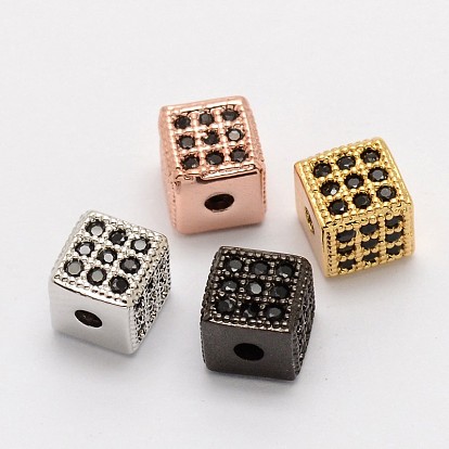 Cube Brass Micro Pave Cubic Zirconia Beads, Cadmium Free & Nickel Free & Lead Free, 6x6x6mm, Hole: 1mm