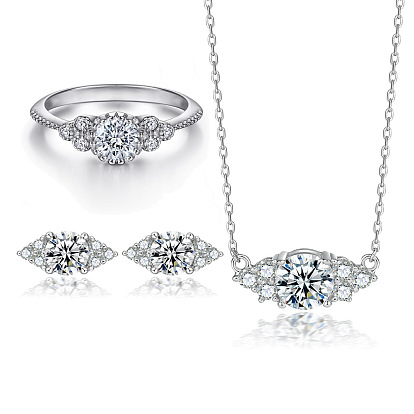 Sparkling Round CZ Silver Jewelry Set - Ring, Earrings & Necklace for Women