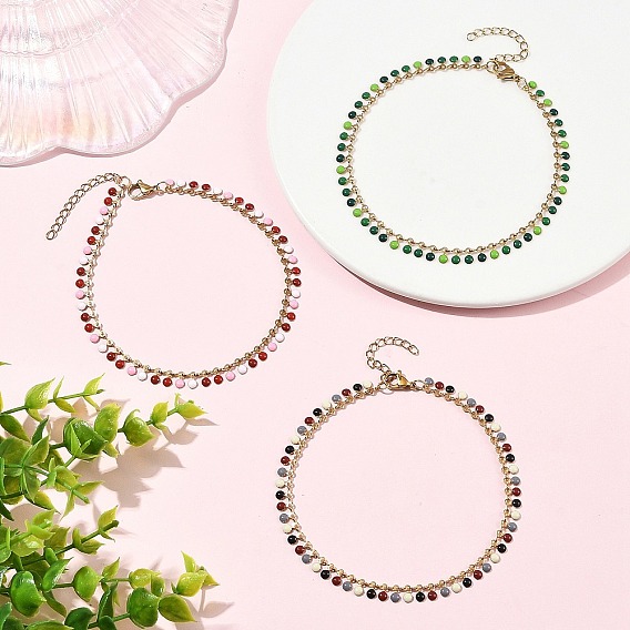 304 Tobilleras planas redondas con borla de acero inoxidable esmaltado para mujer, real 18 k chapado en oro